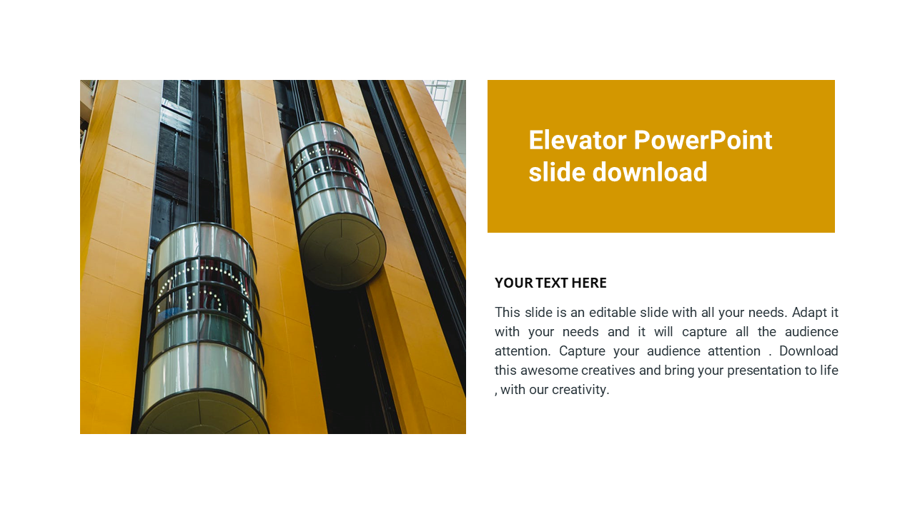 Elevator PowerPoint slide featuring a photo of modern elevators with a yellow design background.