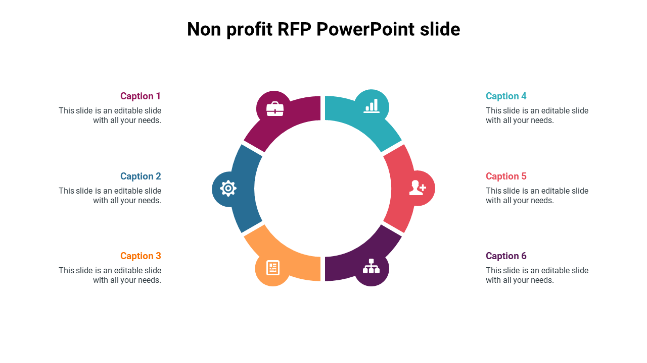 A circular diagram with six colorful segments, each with icons and captions on a white background layout.