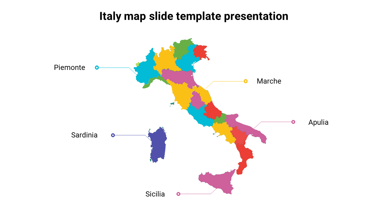 Colorful Italy map highlighting Piemonte, Marche, Sardinia, Sicilia, and Apulia with labels and lines.