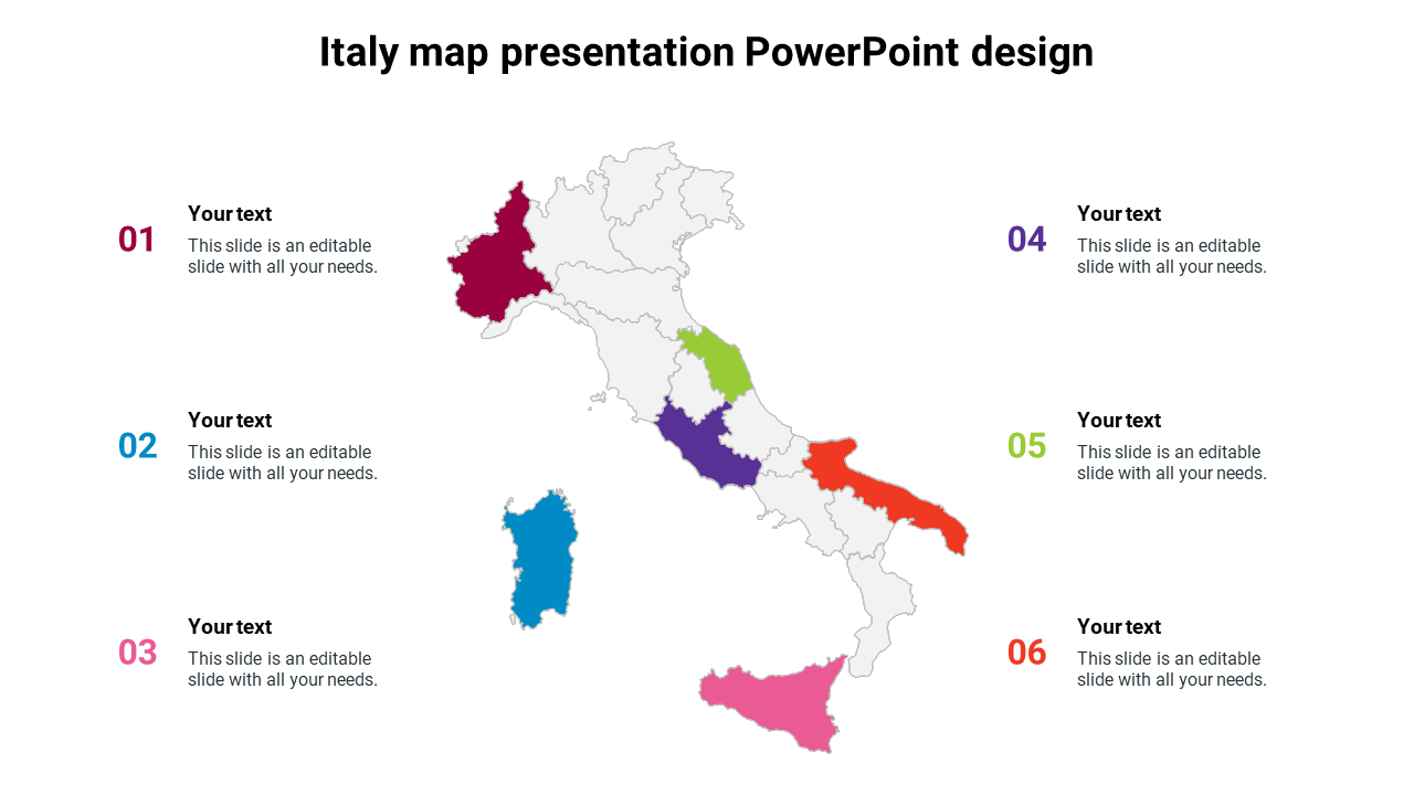 Italy map slide featuring colorful regions with text areas for details.