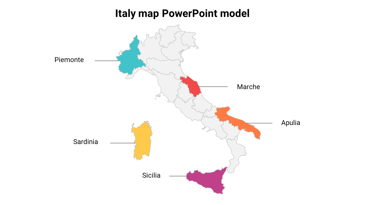 Italy map slide highlighting five regions from piemonte to sicilia, each marked in different colors.