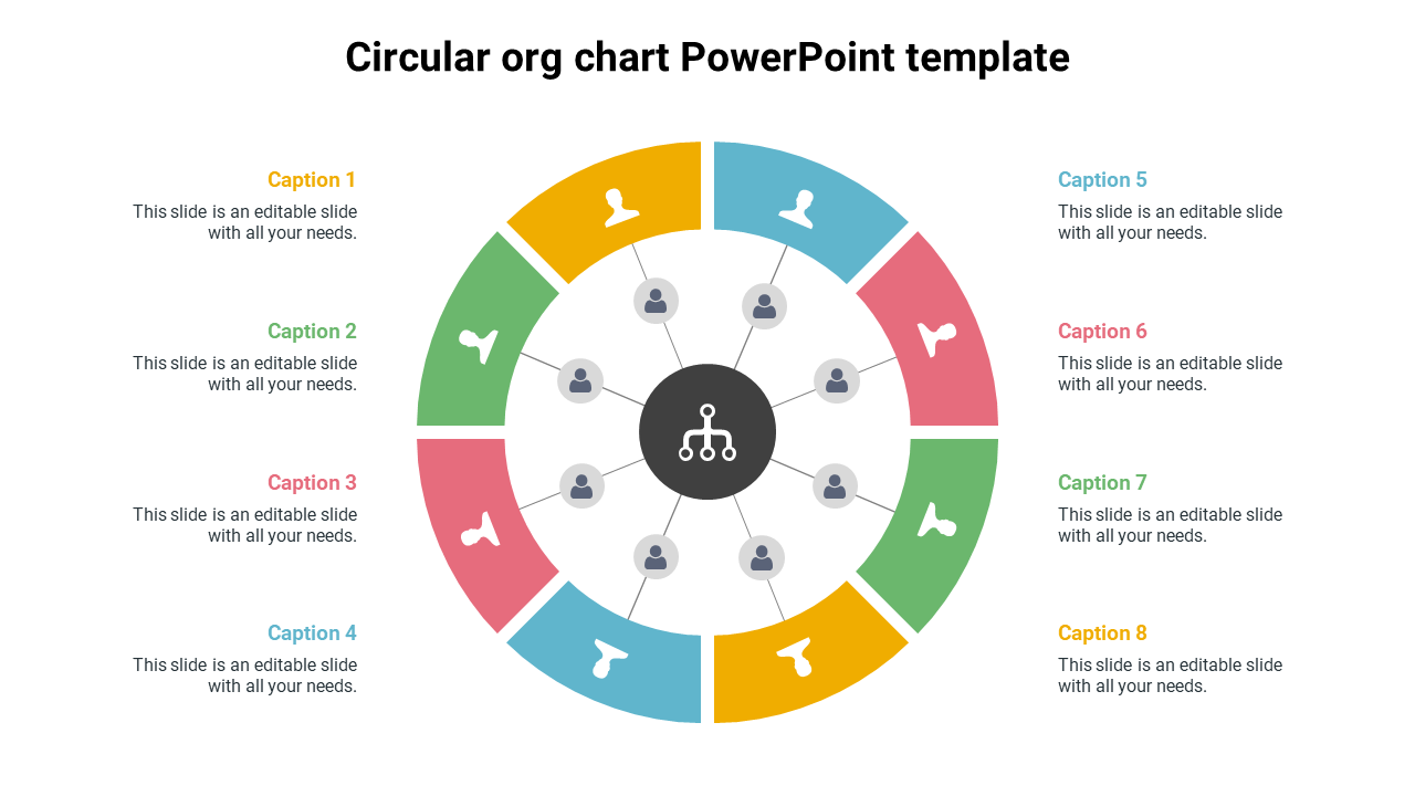 Colorful circular organizational chart slide showing a central hub connected to eight divisions with captions.