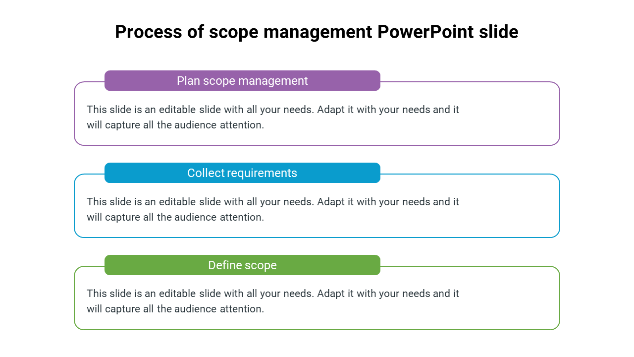 Scope management slide with colored boxes in purple, blue, and green, each containing a title and text fields.