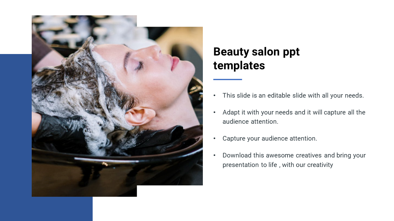 Beauty salon template with placeholder text and the title with the image of a woman getting a hair treatment.