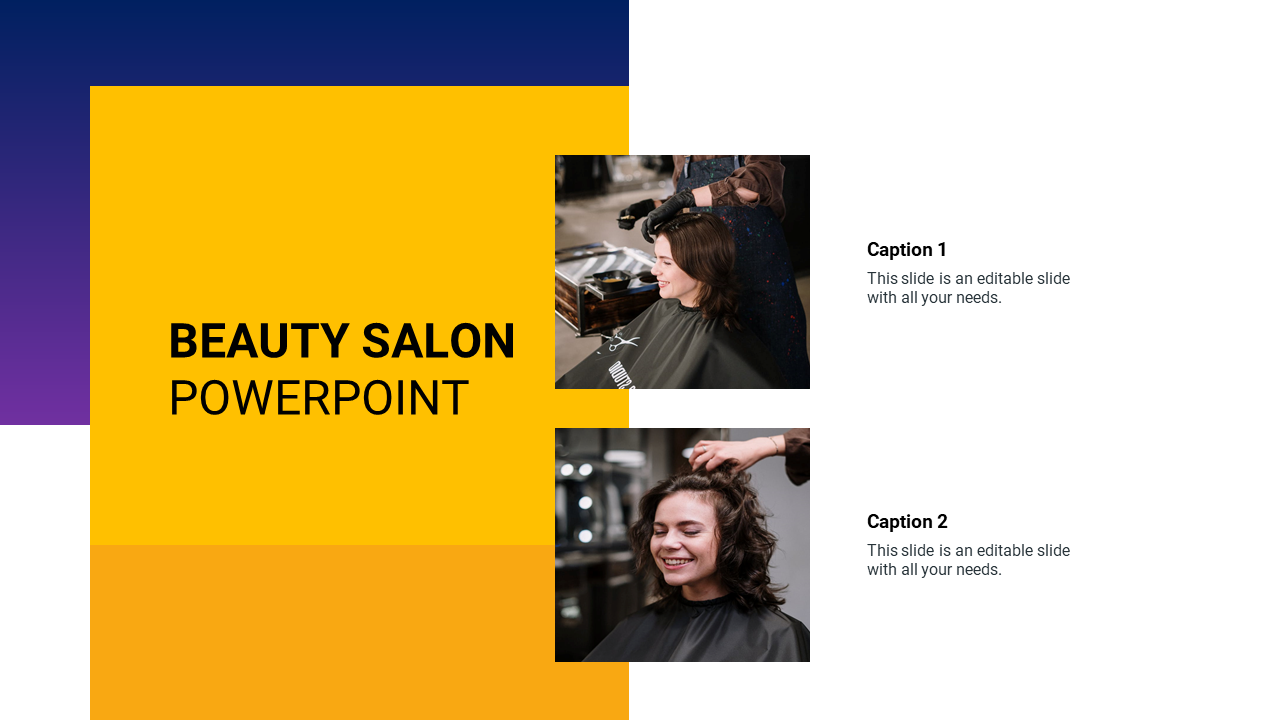 Slide design featuring a vibrant yellow section with two images of salon activities and captions, on a white background.