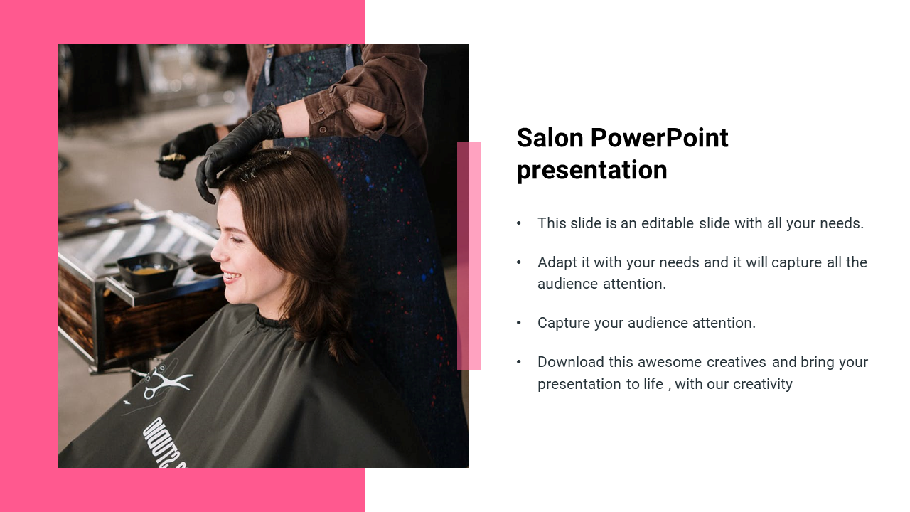 Salon themed slide with a pink border, showing an image of a woman getting a hair treatment and text on the right.