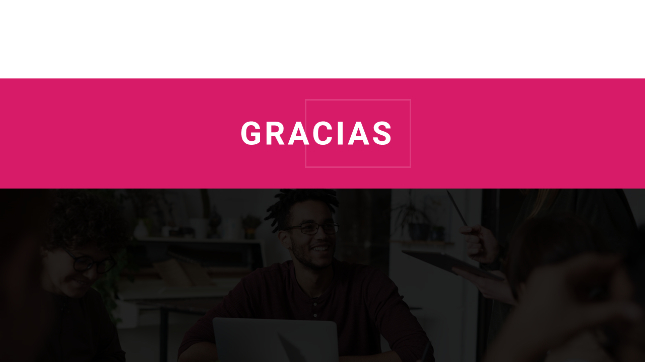 Professional Gracias presentation slide with vibrant colors and a smiling person at a meeting.