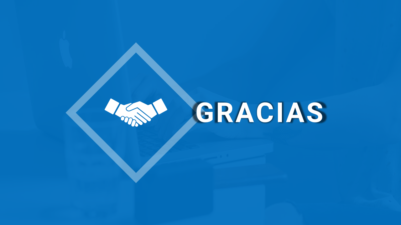 Gracias slide with a handshake symbol on a blue background.