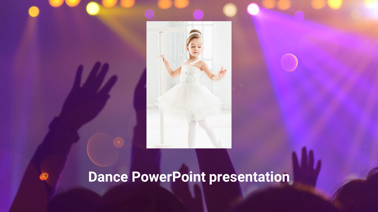 Dance slide with a ballet dancer in white, set against a colorful background with hands raised in celebration.