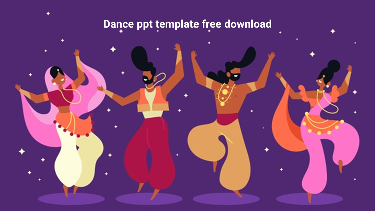 Illustration of four dancers in colorful traditional attire performing against a purple background.