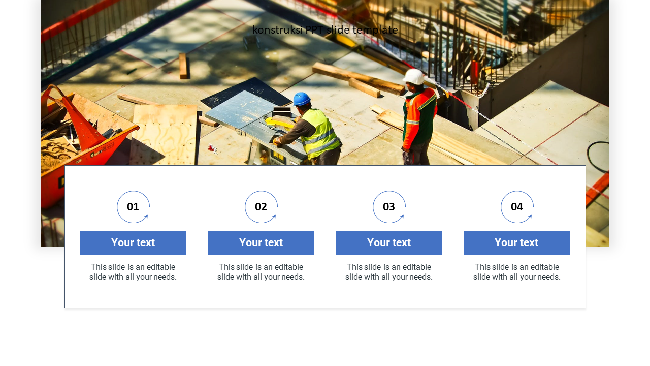 Konstruksi PPT template with construction workers and placeholders for text.