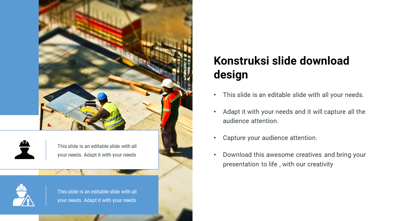 Konstruksi slide with text on the right and a construction scene on the left, including worker icons for context.