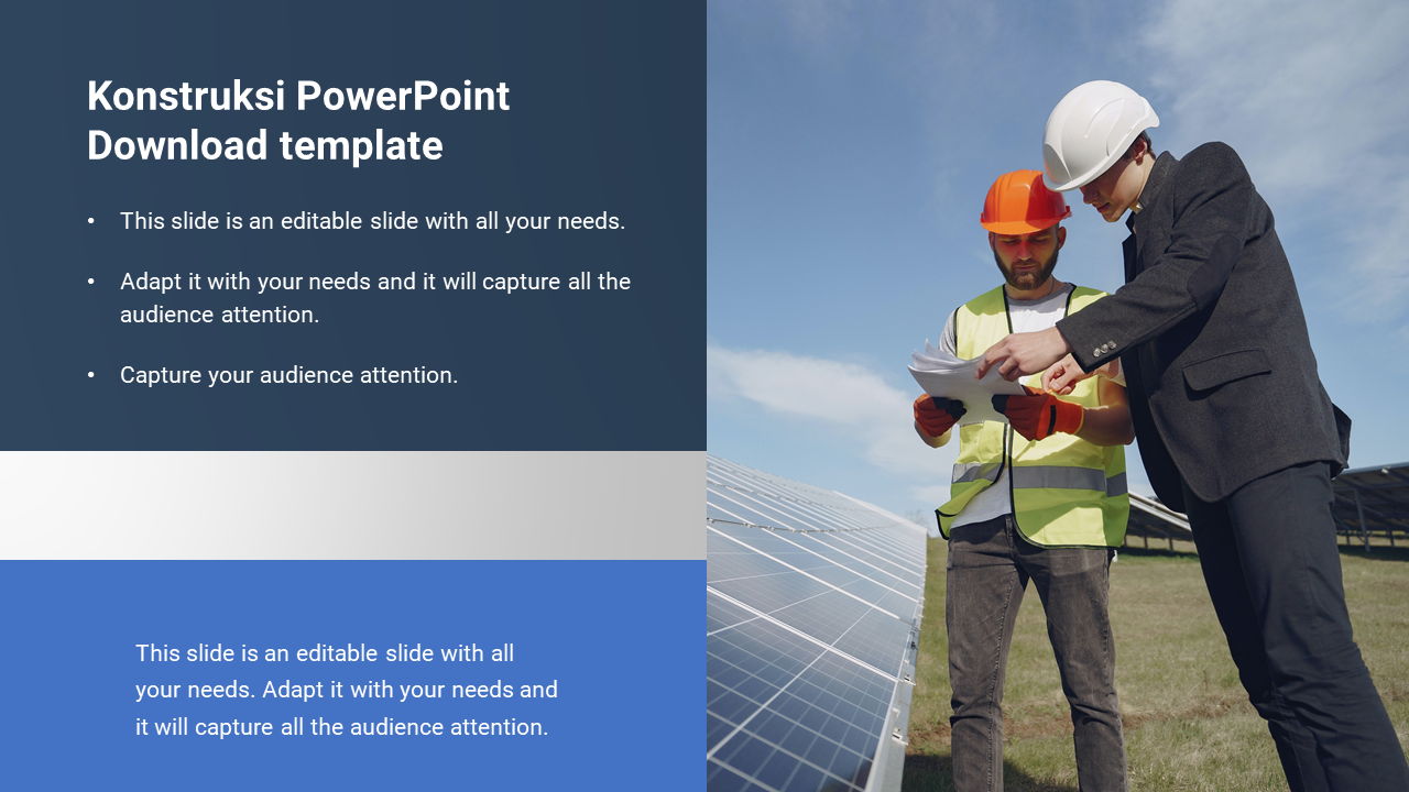 konstruksi Download template slide with a split layout showing text on a blue background and two workers inspecting solar panels.