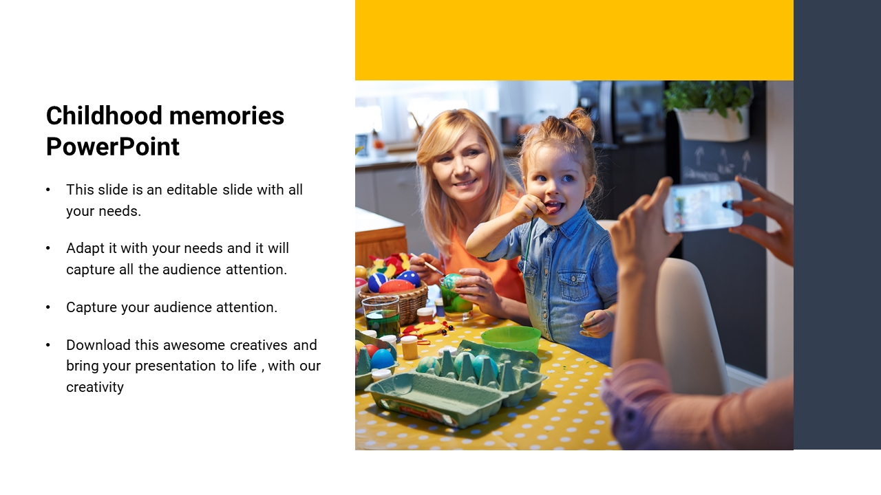 Yellow and dark blue accented slide featuring a mother and child crafting at a table, with text on a white background.