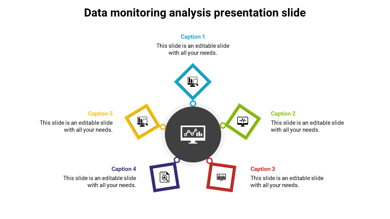 Data analysis slide with five diamond-shaped icons and a central monitor symbol, each with captions areas.