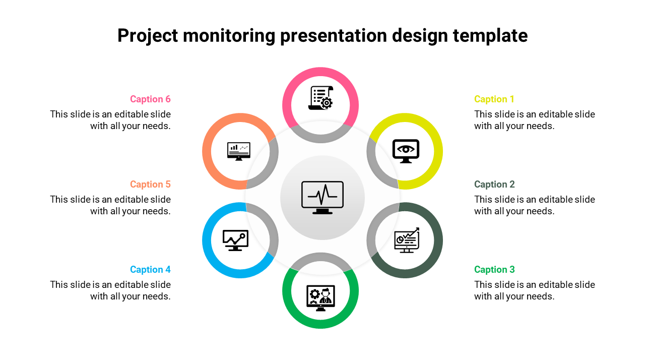 Project monitoring slide with six colored rings, each with icons, and captions around a central image.