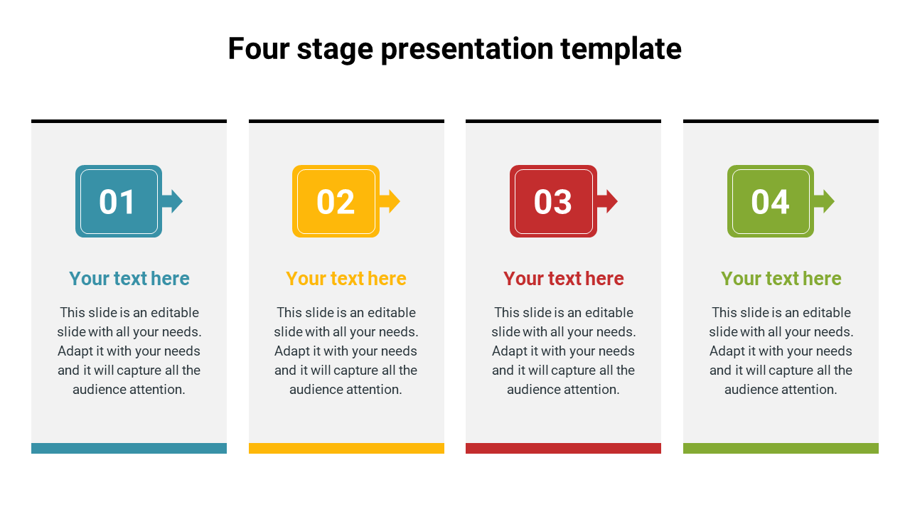 Horizontal layout with four stages, each with a number, colored icon, and placeholder text areas.