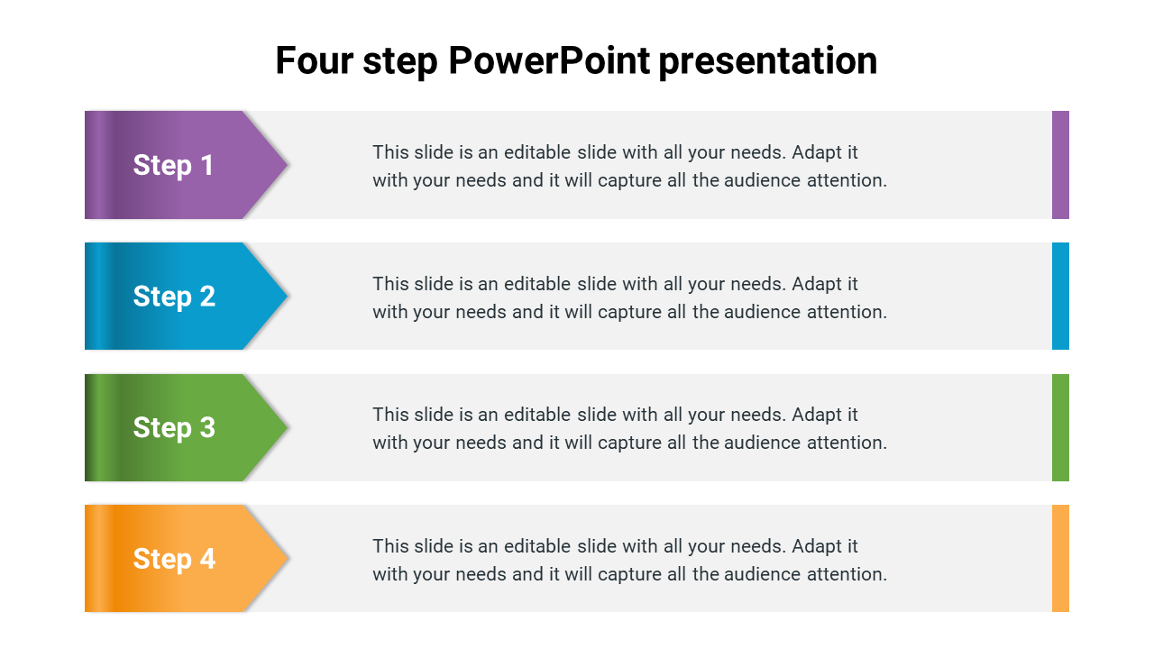 Colorful four-step template with labels for Step 1 through Step 4, each accompanied by text boxes for placeholder text.