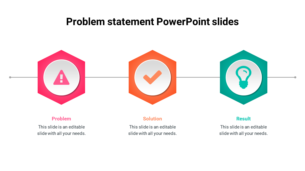 PowerPoint template for problem statement with a pink problem icon, orange solution icon, and green result icon in hexagons.