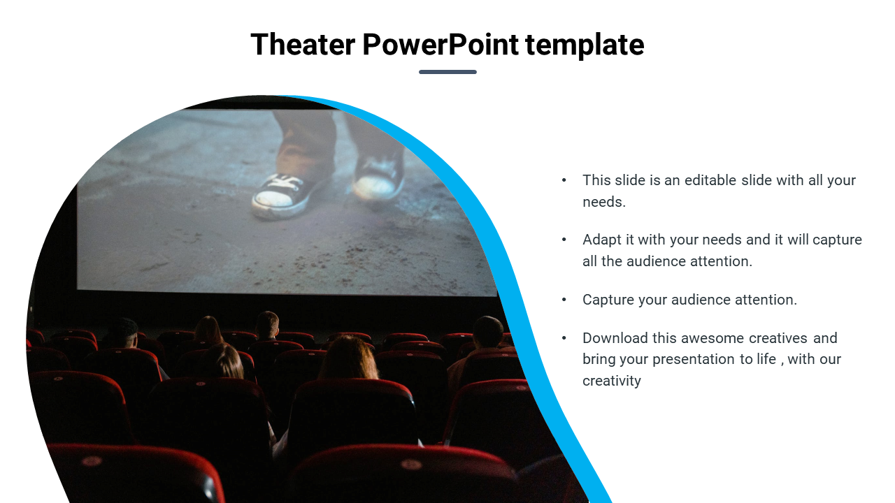 Theater slide featuring an image of moviegoers in a dark cinema watching a close-up shot on screen.