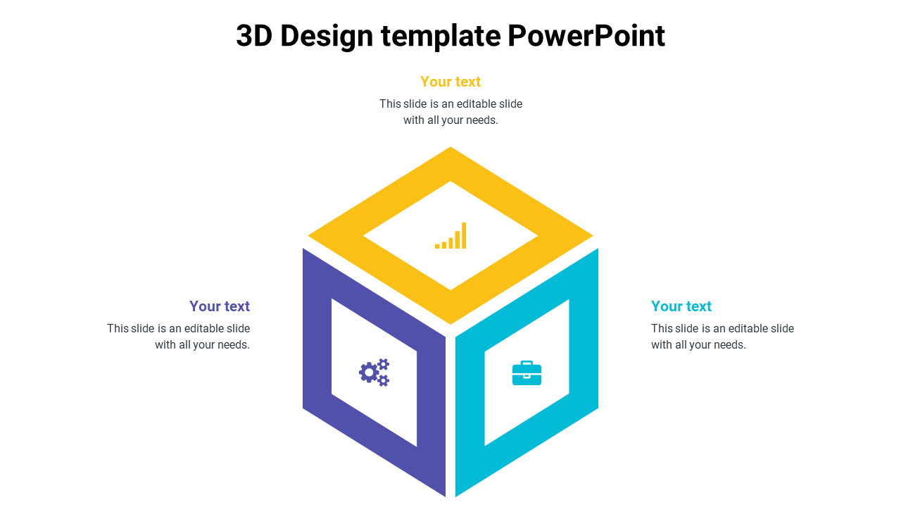 3D cube design with colorful faces in yellow, purple, and teal, each containing icons and text placeholders.