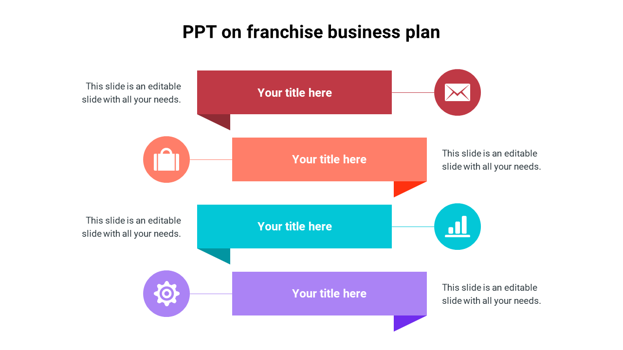 Franchise business plan slide design featuring colorful sections for titles and icons for email, bags, charts, and settings.