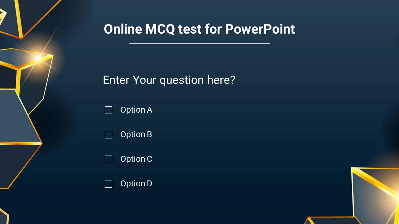 Glowing golden geometric shapes, presenting a multiple choice question with four answer options, on a dark blue background.