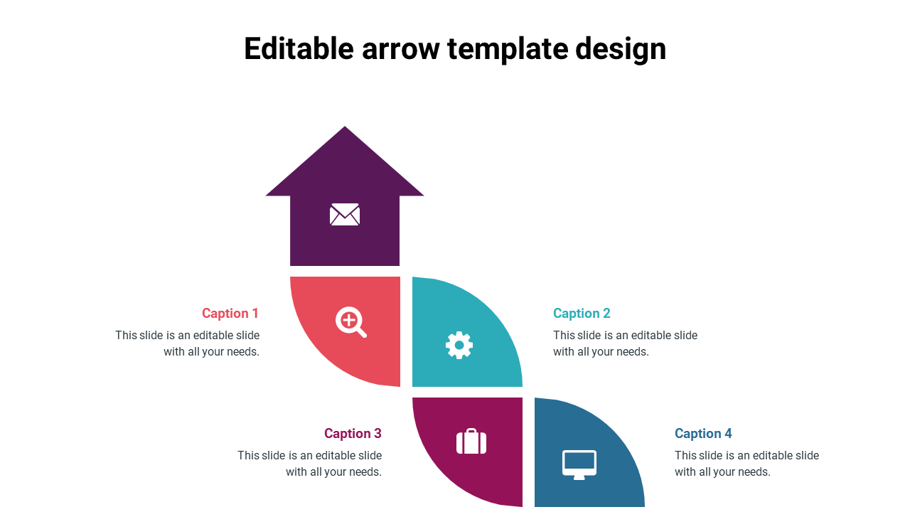 Arrow template with five colorful sections in blue, pink, teal, orange, and purple, featuring icons and text boxes.