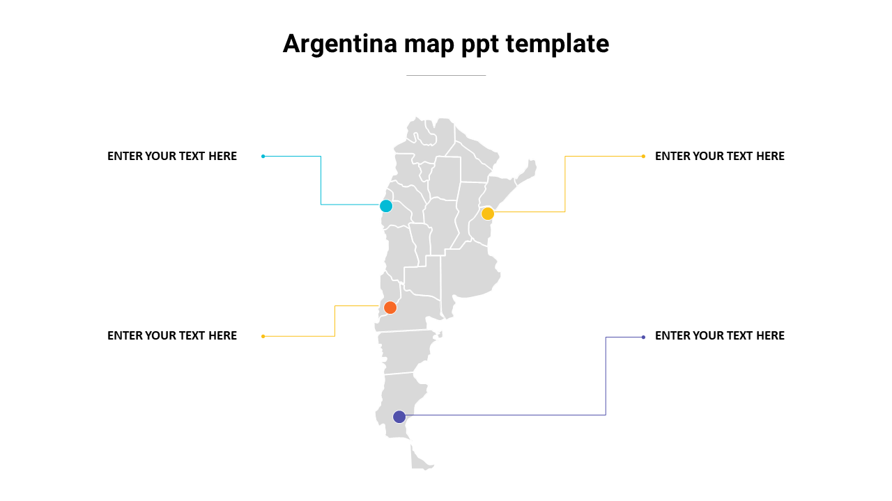 Gray map of Argentina with four colorful markers linked to text boxes adding information.