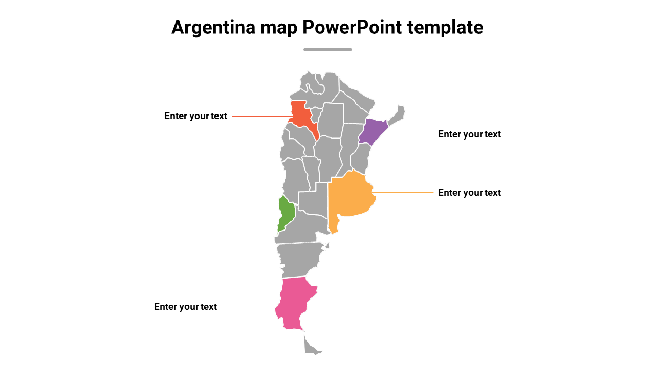 Gray Argentina map with highlighted regions in red, green, yellow, purple, and pink, each with text labels.