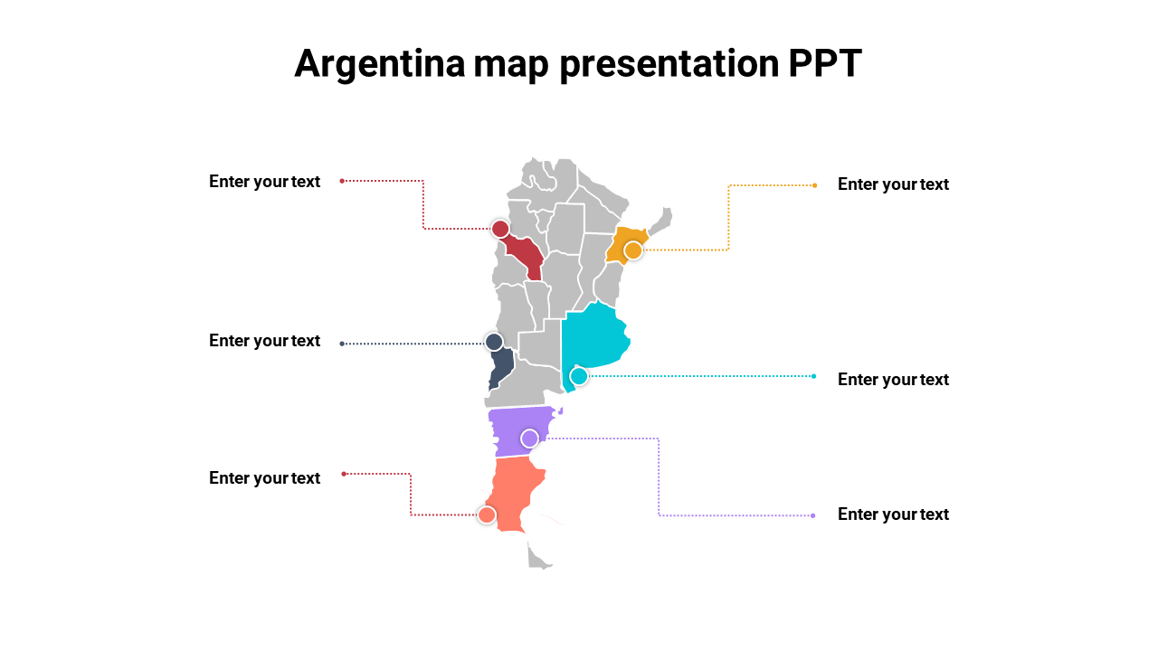 Argentina map with highlighted regions in red, yellow, green, blue, purple, and orange, each connected to text boxes.