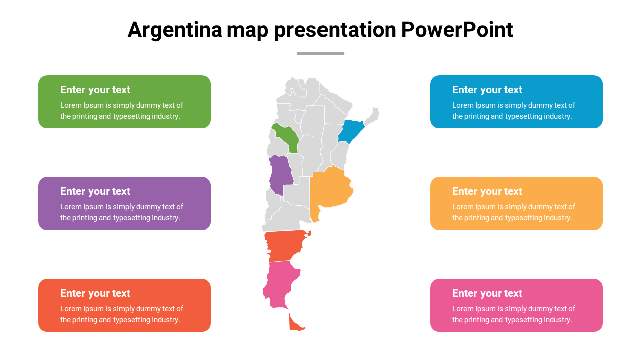 Argentina map PowerPoint slide with colorful text boxes for adding regional information.