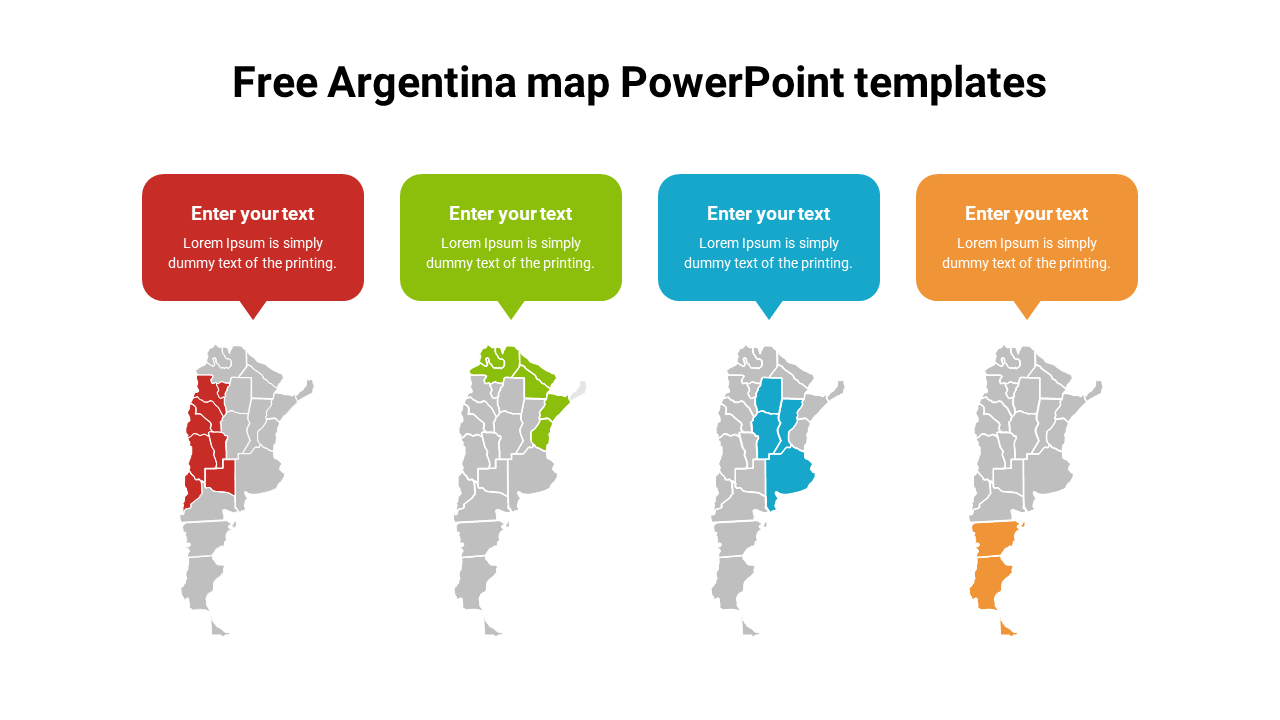 Four Argentina map with regions highlighted in red, green, blue, and orange, each with matching rectangular labels.