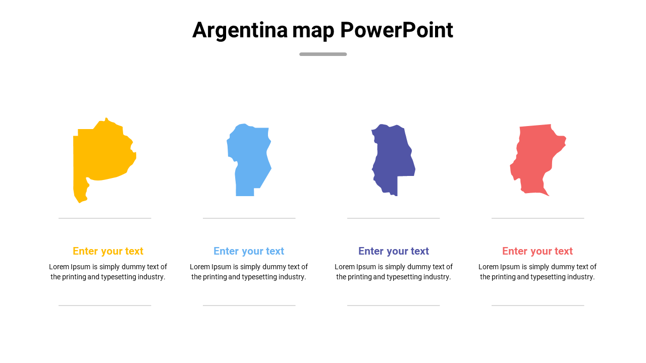 Colorful map of Argentina with four sections in yellow, blue, purple, and red, each paired with a text box below.