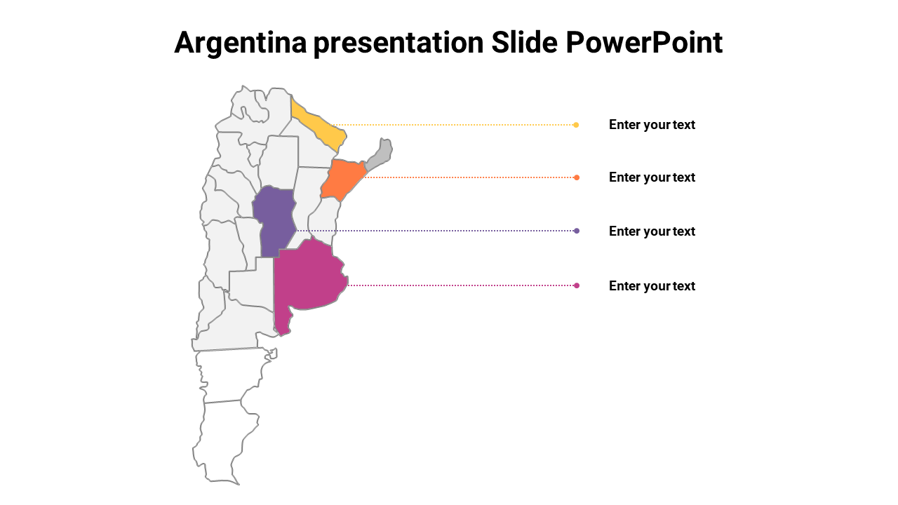 Argentina map with highlighted regions in yellow, orange, purple, and magenta, each labeled with caption areas.