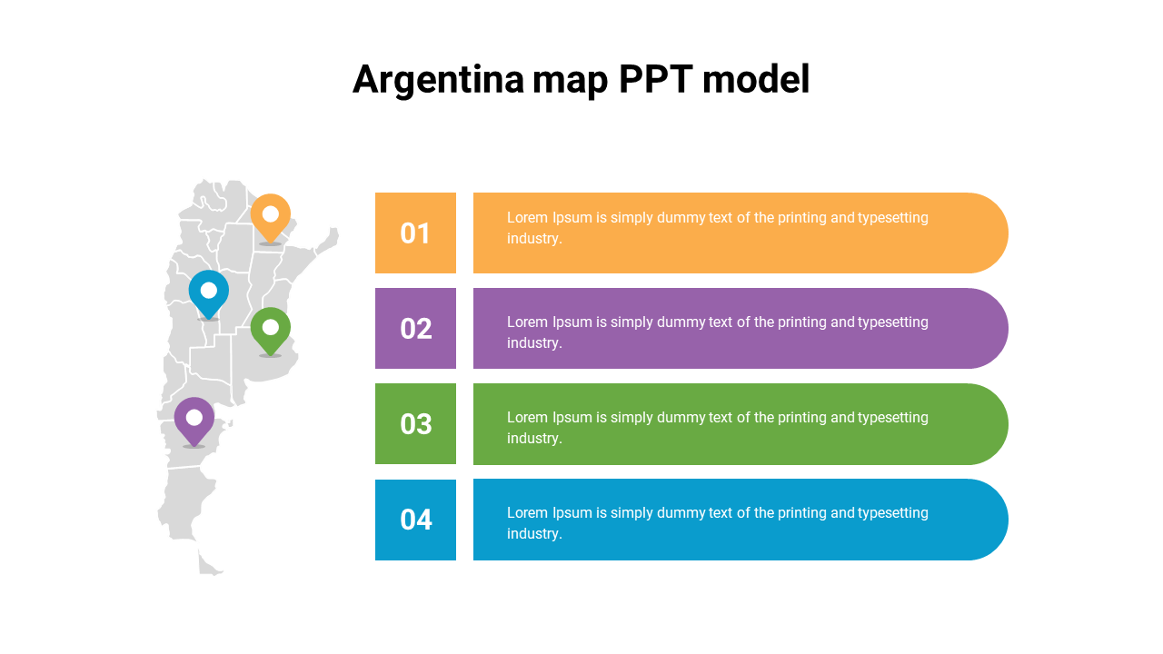 PowerPoint slide featuring a map of Argentina with four marked regions and placeholder text boxes on a white backdrop.