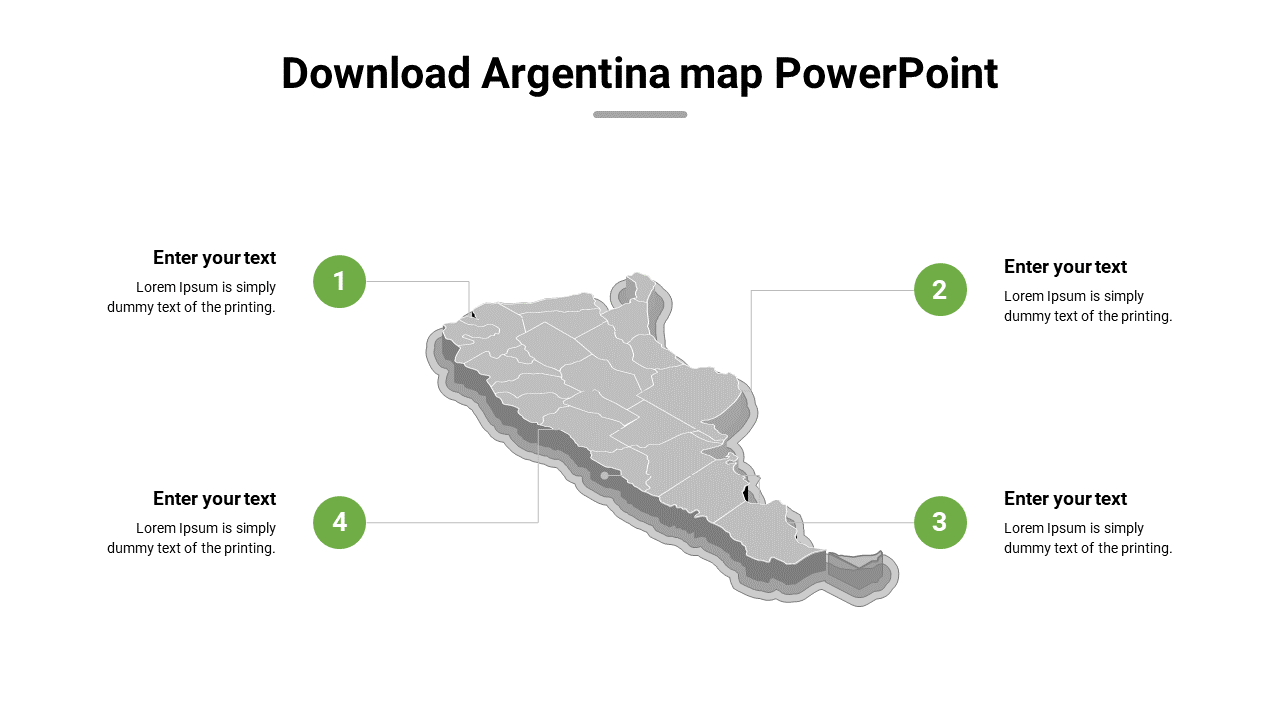 3D Argentina map in gray, surrounded by four numbered green circles linked to text areas.