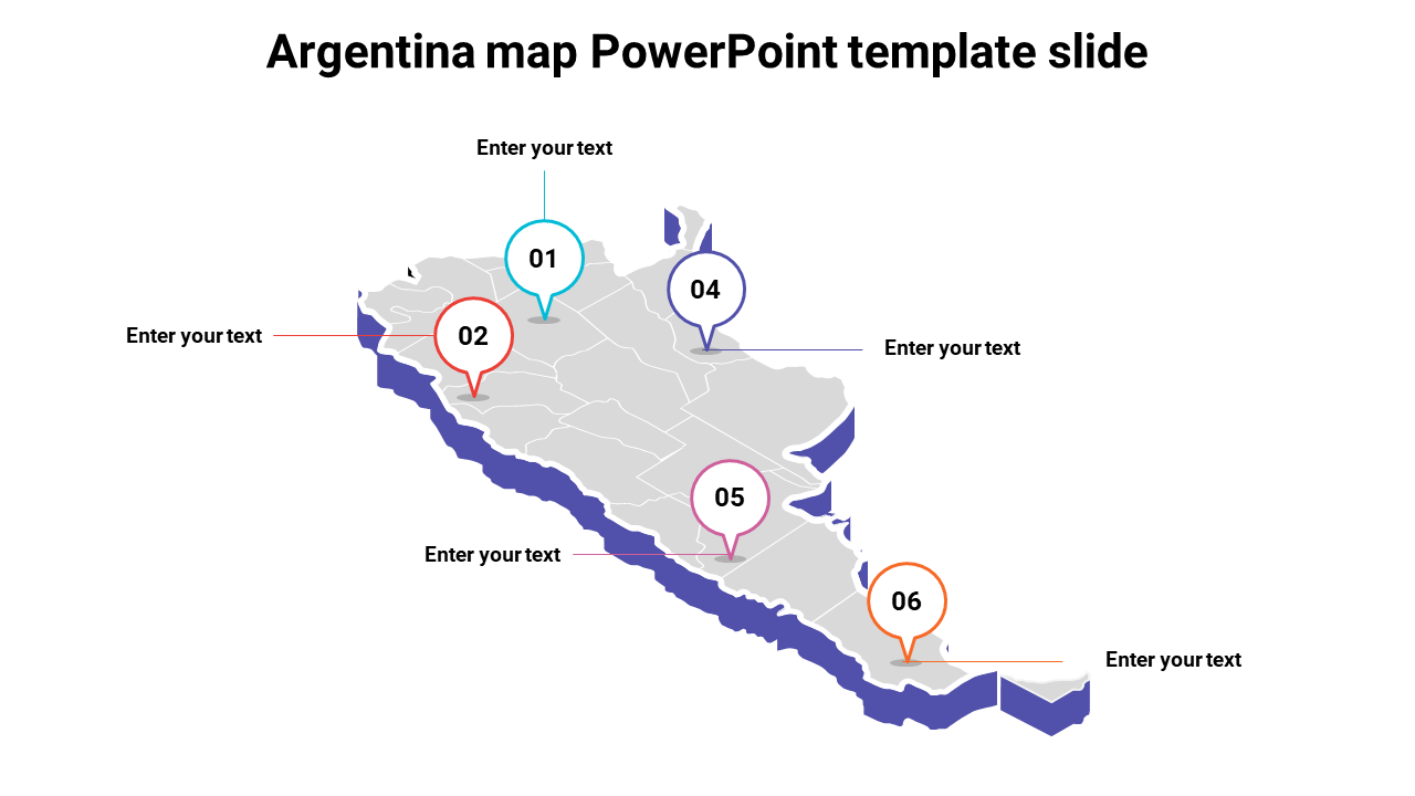 Argentina map with numbered markers 01 to 06 in various colors, each linked to text placeholders with lines.