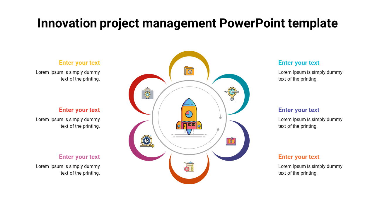 PowerPoint slide featuring an innovation project management with a central rocket and various color coded icons around it.