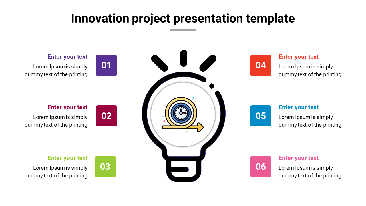 Central lightbulb graphic with six numbered colorful segments, featuring icons and text around it.