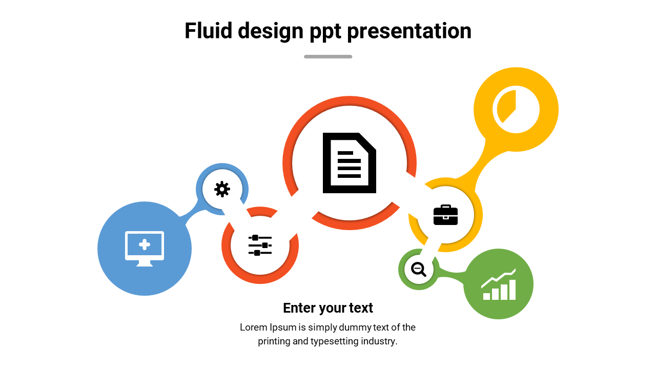 Colorful infographic slide representing fluid design concepts with icons for various business processes with text area.