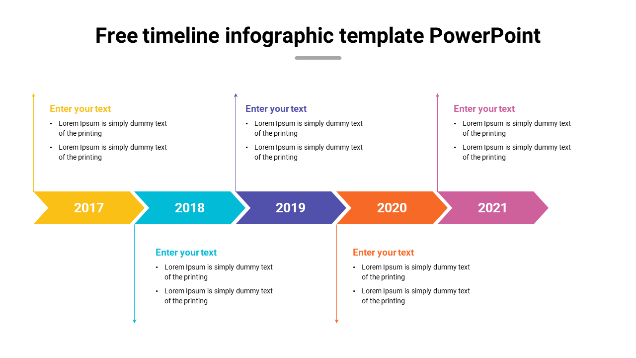 Timeline with arrow shaped markers in yellow, blue, purple, orange, and pink, for years 2017 to 2021, and text beneath.