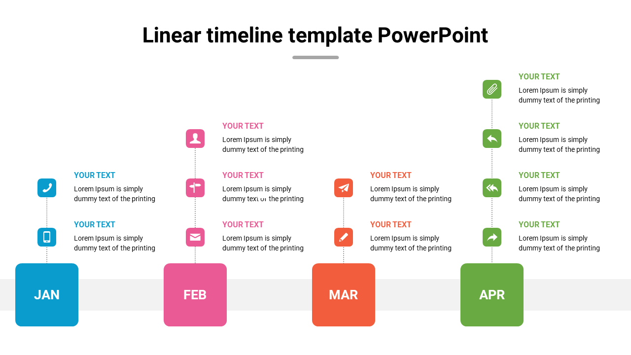 Linear timeline slide showing events from January to April with text and icons for each month.