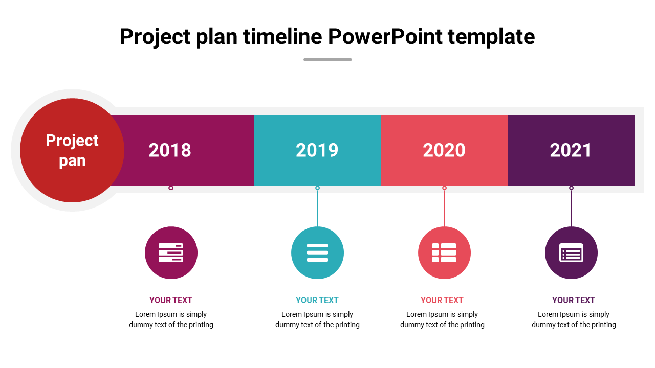 Horizontal timeline with four segments in maroon, teal, red, and purple, each with years 2018 to 2021, with icons beneath.