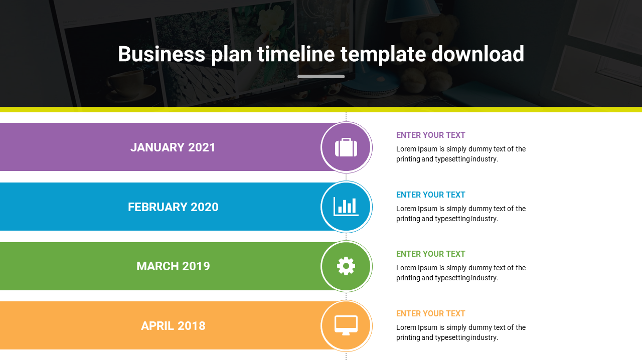 Timeline chart slide with colorful sections for business plan milestones from 2018 to 2021, with icons and captions.