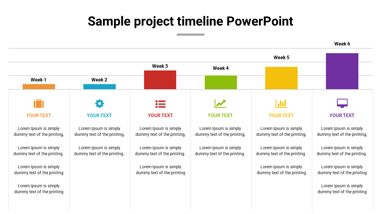 Project timeline with colored rectangular markers representing each week, containing icons and text boxes below each.