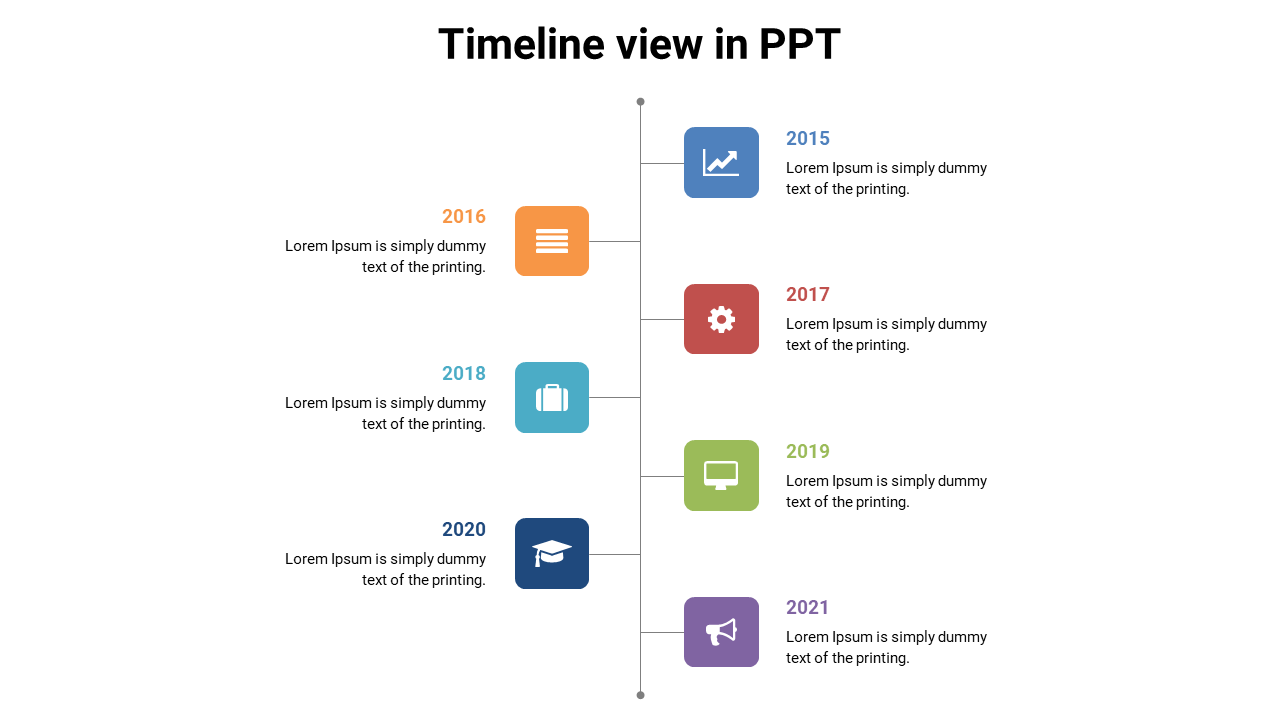 Vertical timeline with colorful square icons of years 2015 to 2021 displayed on both sides of a central line.