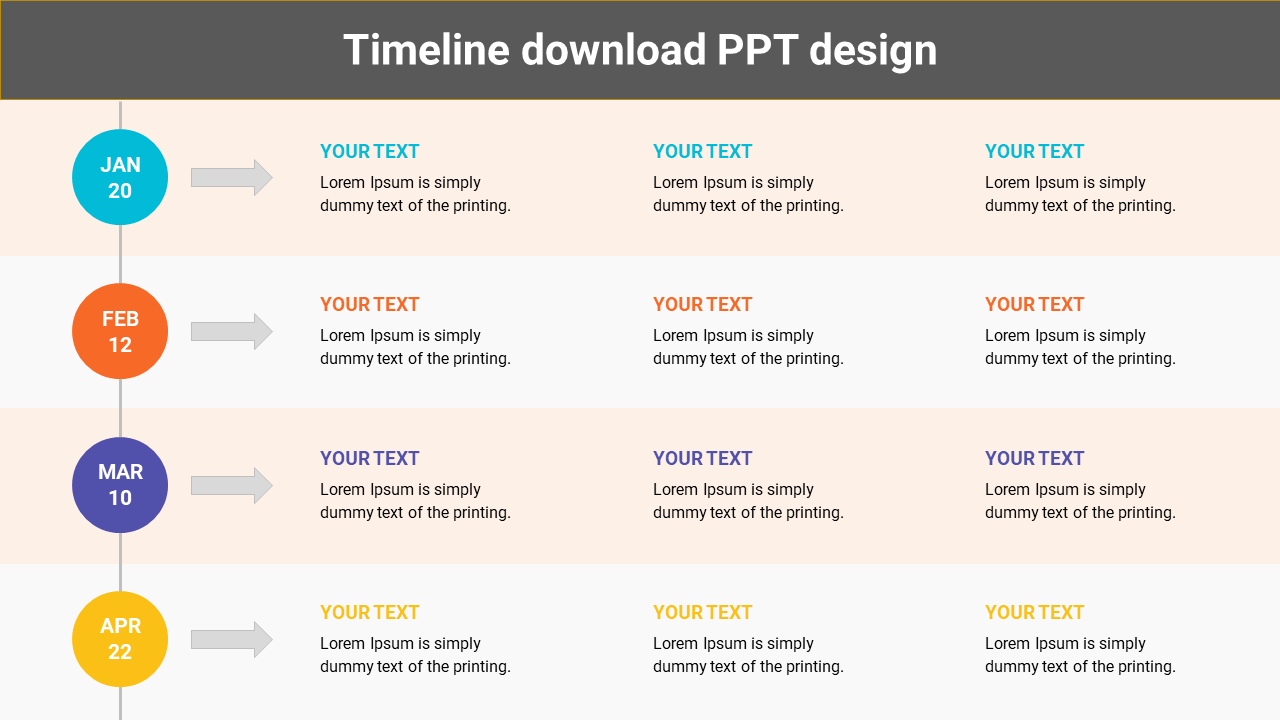 Colorful timeline PPT template with four sections for January, February, March, and April with placeholder text.