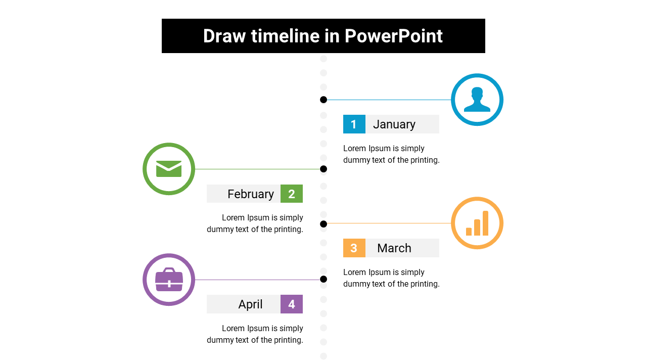 Vertical timeline with circular icons blue, green, yellow, and purpe, representing months, connected by dotted lines.