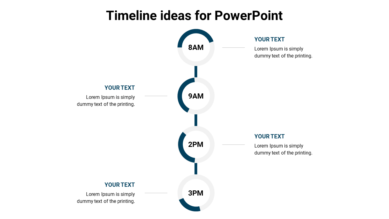 Timeline PowerPoint slide showing events scheduled throughout the day with designated time slots with placeholder text.